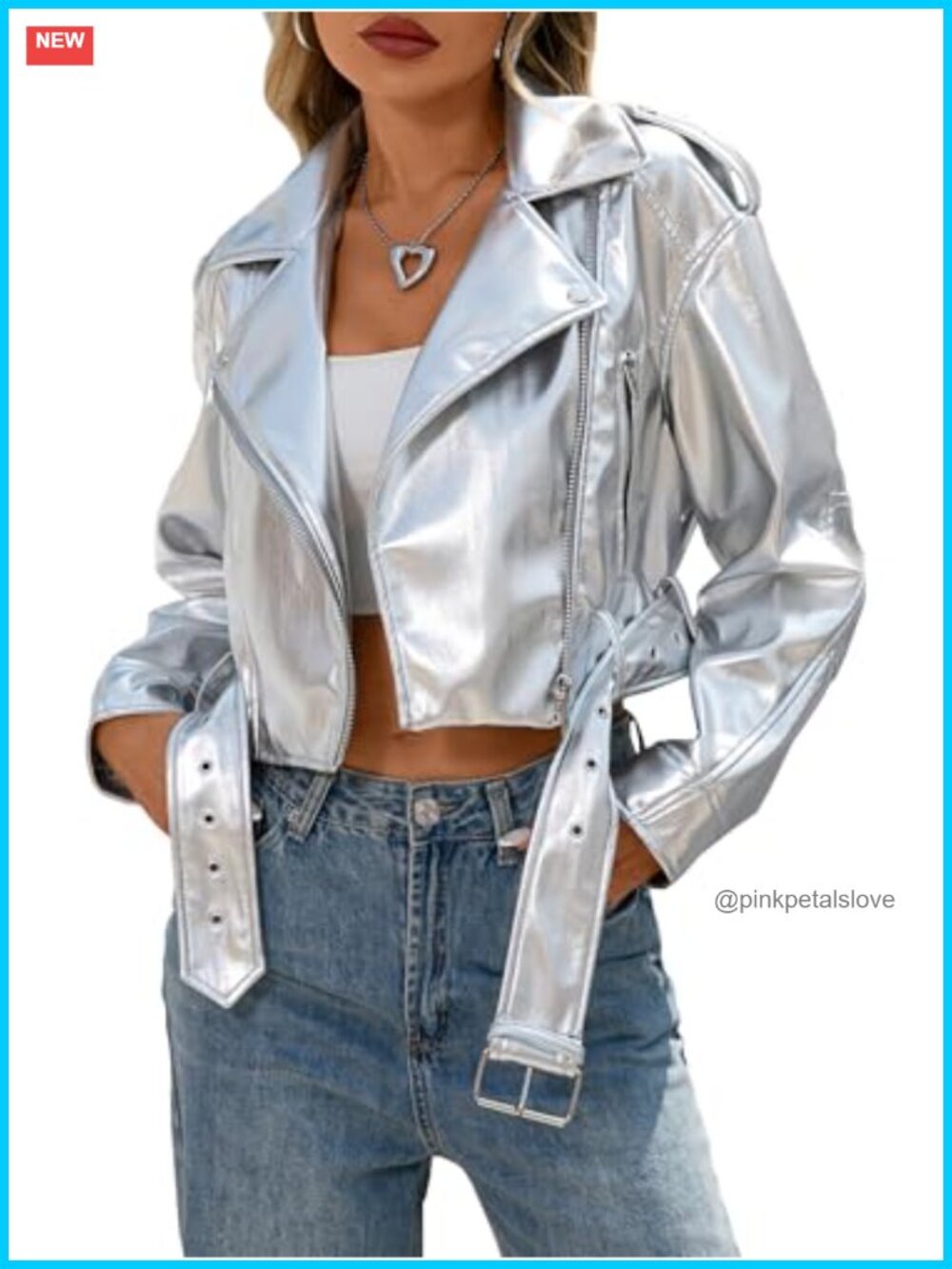 Faux Leather Cropped Jacket with Belt Motor Biker Vegan Coat